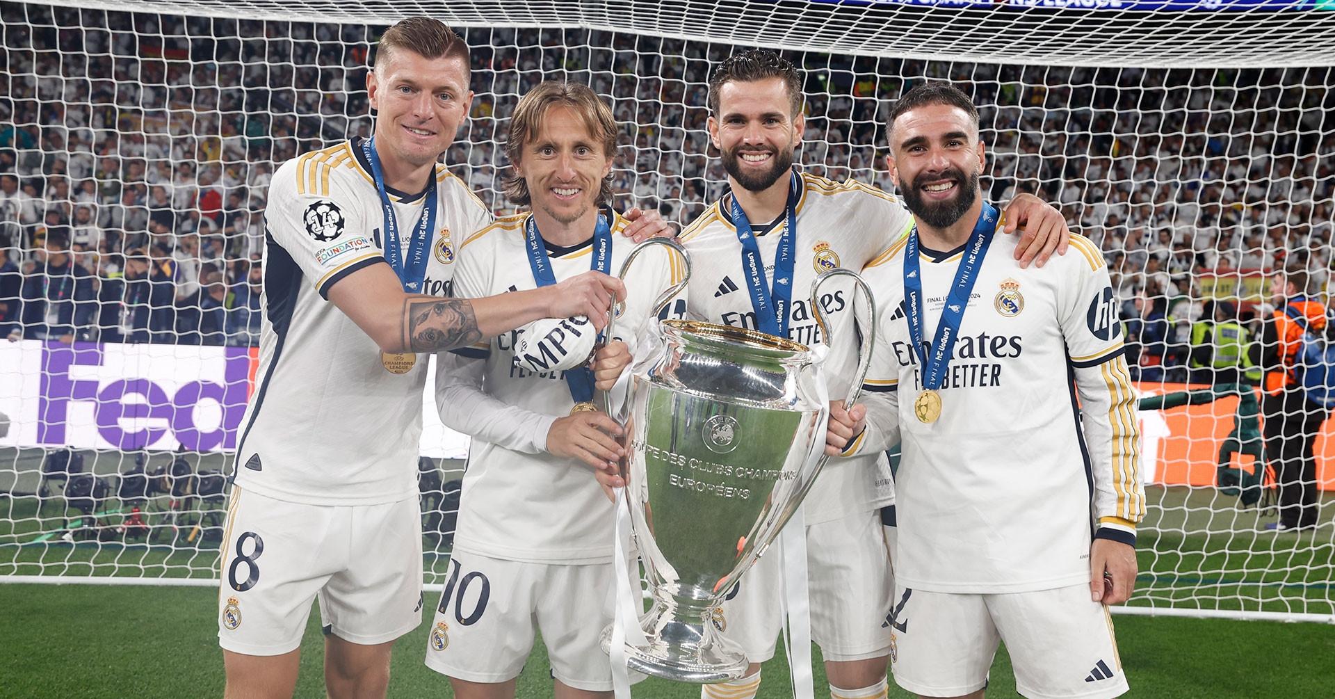 Hình ảnh các huyền thoại vĩ đại của Real Madrid như Di Stefano, Zidane, Ronaldo, Ramos, biểu trưng cho di sản thành công trường tồn của câu lạc bộ tại Champions League và La Liga.