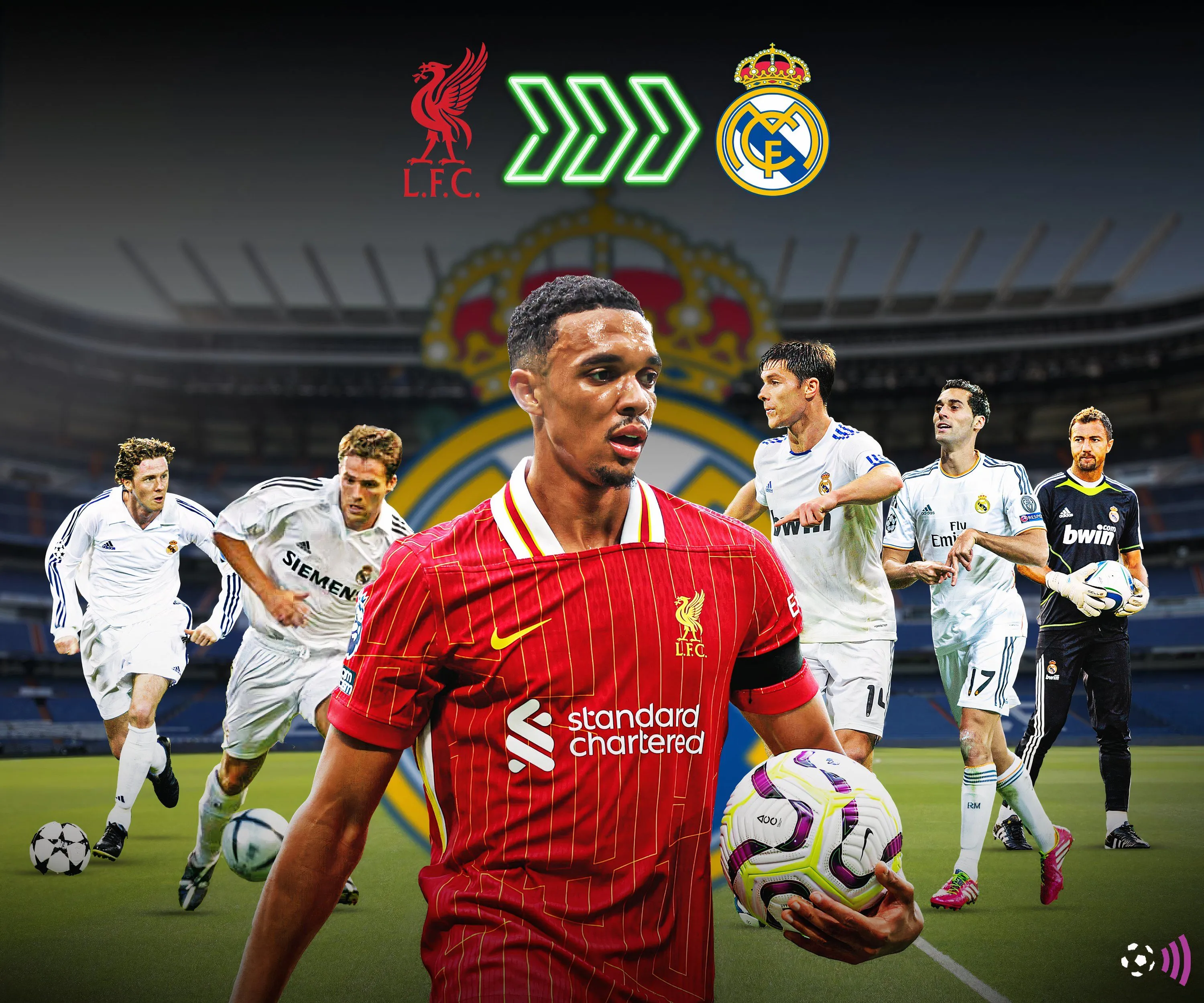 Hình ảnh biểu tượng liên kết giữa Liverpool và Real Madrid với Alexander-Arnold, Owen, McManaman, Xabi Alonso