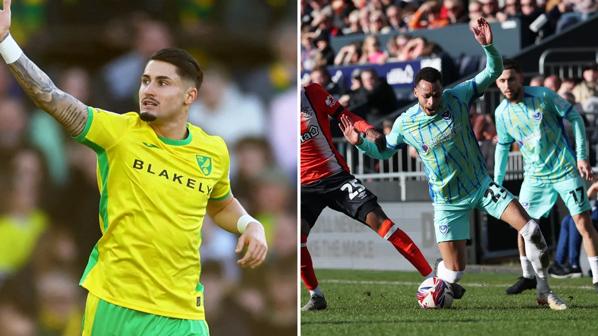 Josh Murphy (Portsmouth) tranh bóng quyết liệt với Borja Sainz (Norwich City) tại giải Championship