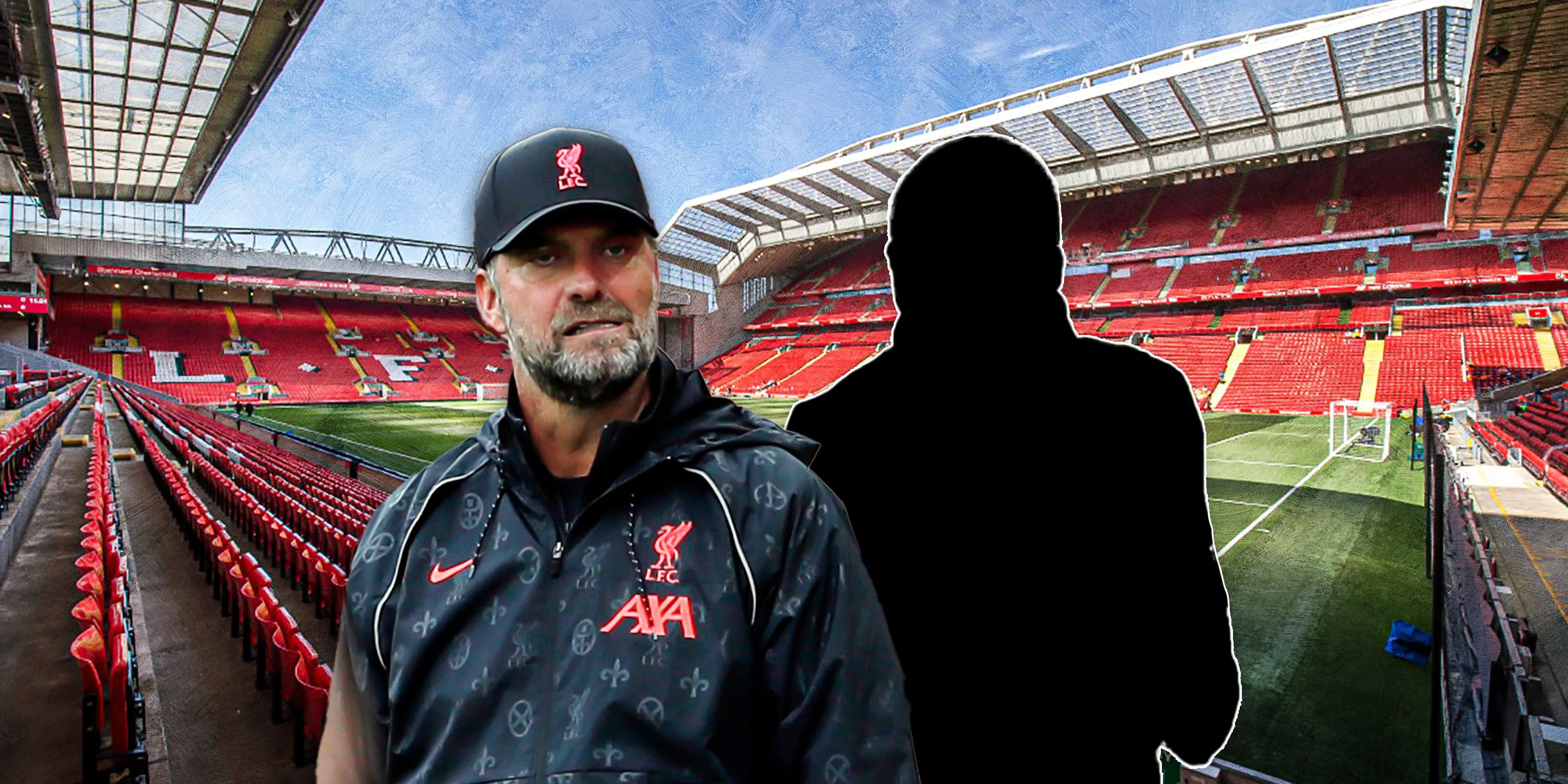 Jurgen Klopp và phông nền Anfield với hình ảnh Ousmane Dembele