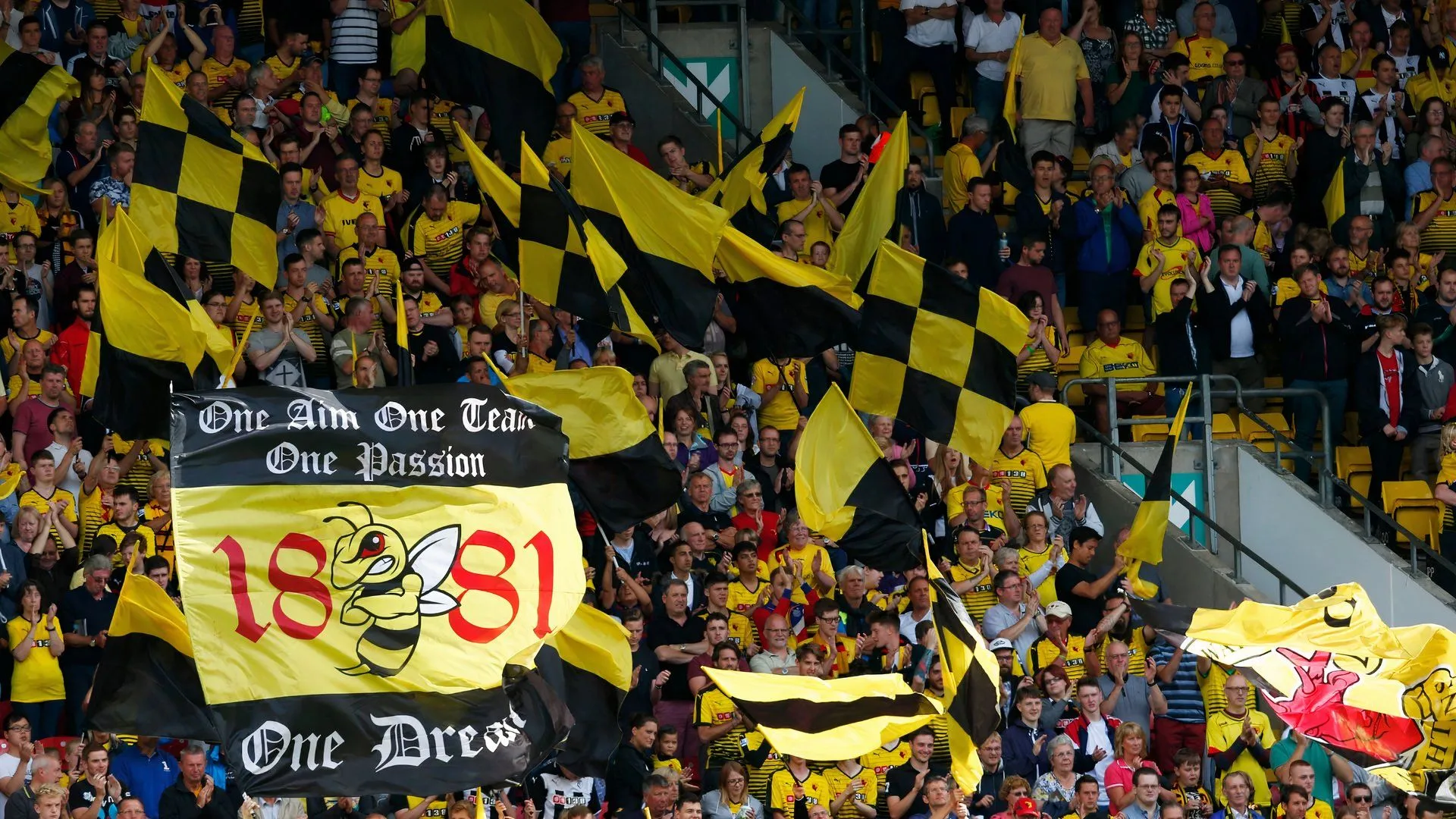 CĐV Watford trên khán đài Vicarage Road, tâm lý dao động vì thăng hạng và xuống hạng liên tục